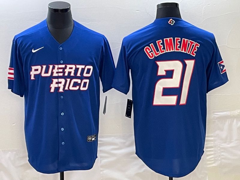 Men 2023 World Cub Puerto Rico #21 Clemente Blue Nike MLB Jersey3